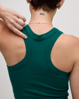 Close up back view of the Hunter Green Deep Cut Racerback