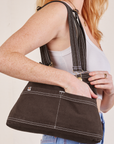 Overall Handbag in Espresso Brown with Adjustable Strap worn on shoulder of model