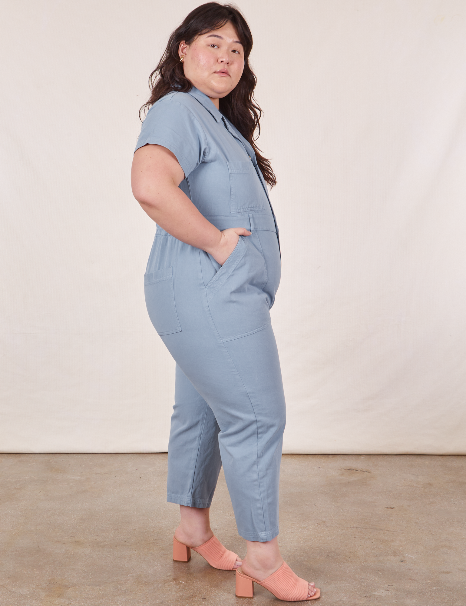 Side view of Petite Short Sleeve Jumpsuit in Periwinkle on Ashley