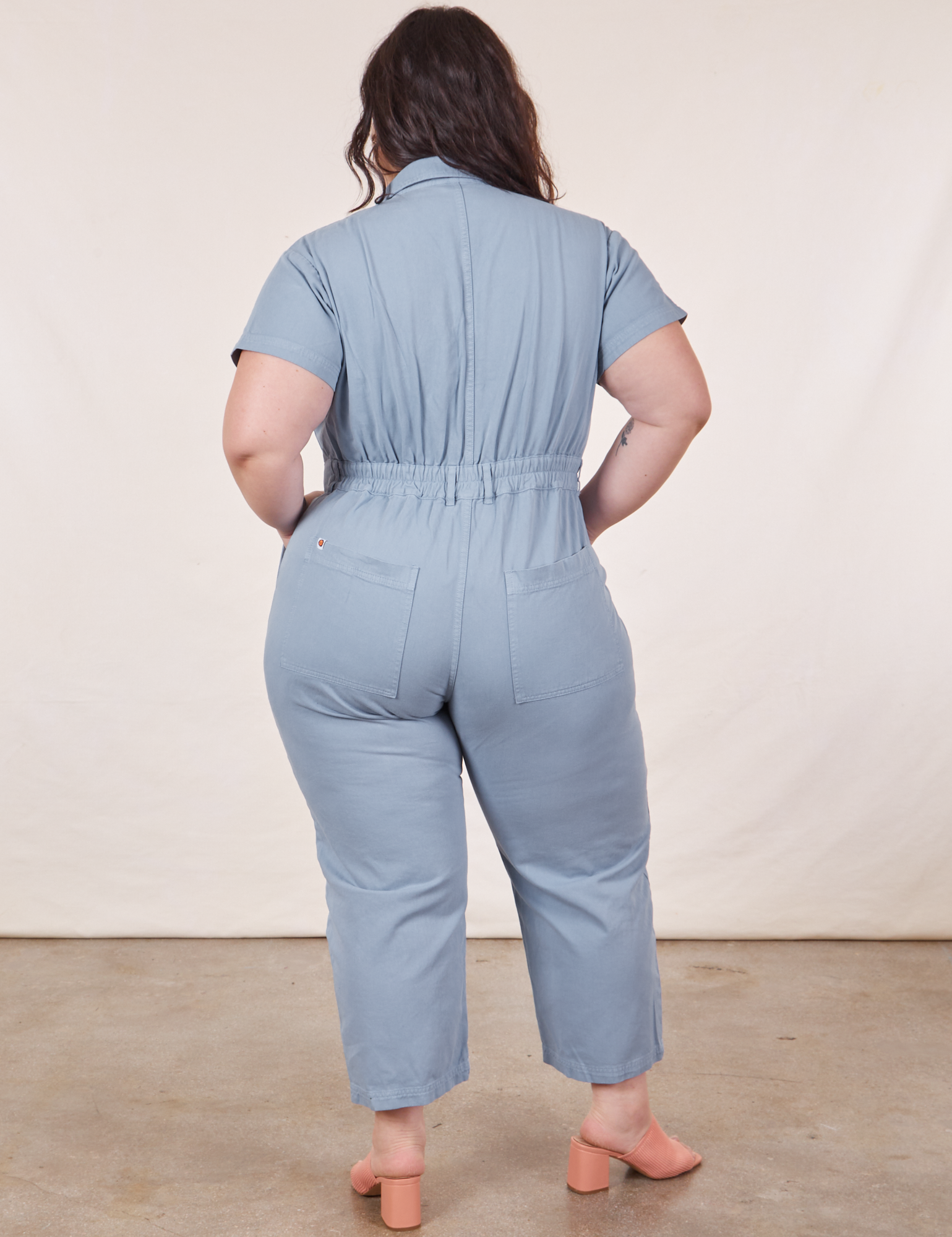 Back view of Petite Short Sleeve Jumpsuit in Periwinkle on Ashley