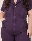 Front torso close up of Petite Short Sleeve Jumpsuit in Nebula Purple worn by Ashley