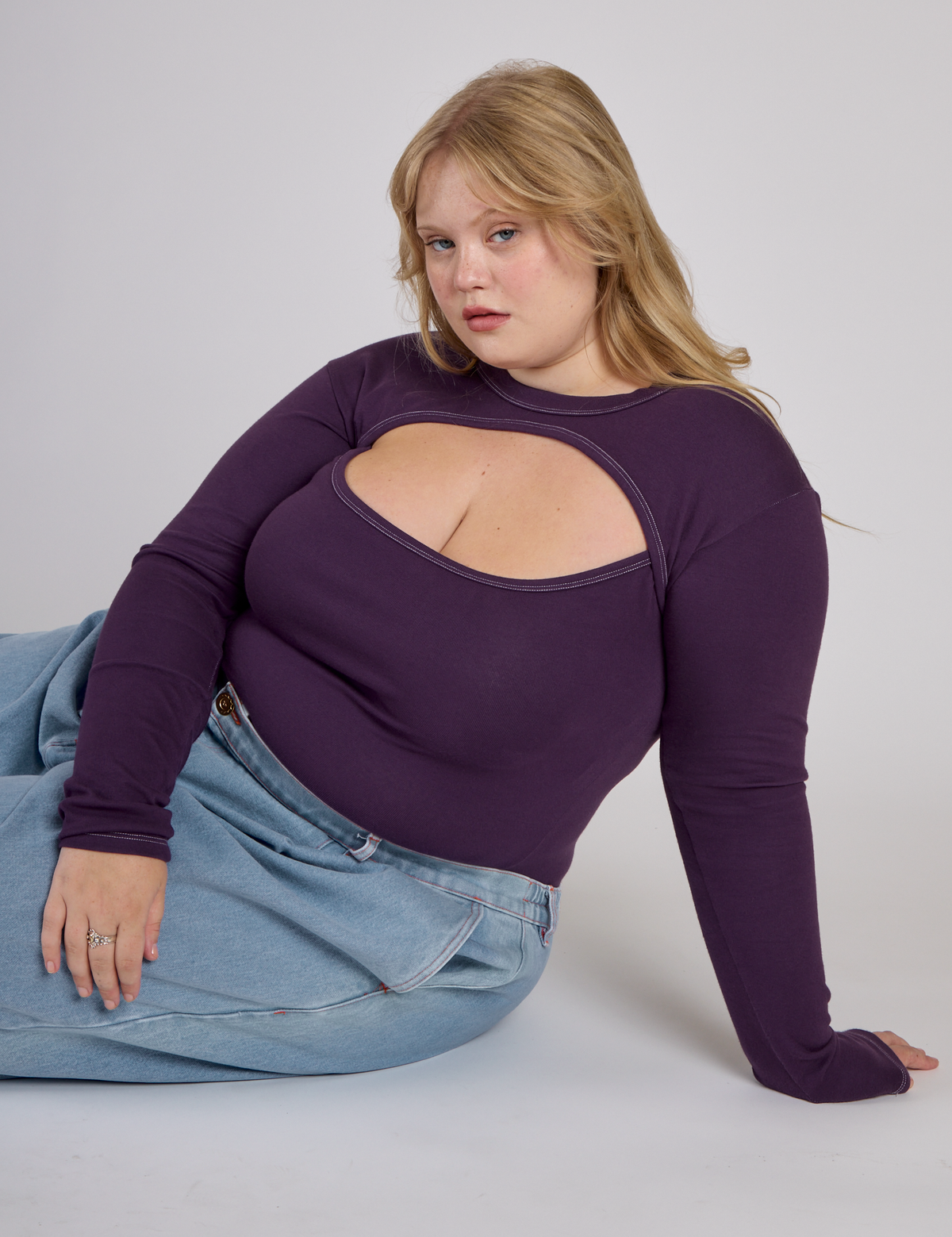 Juliet wearing the Nebula Purple Long Sleeve Porthole Tee