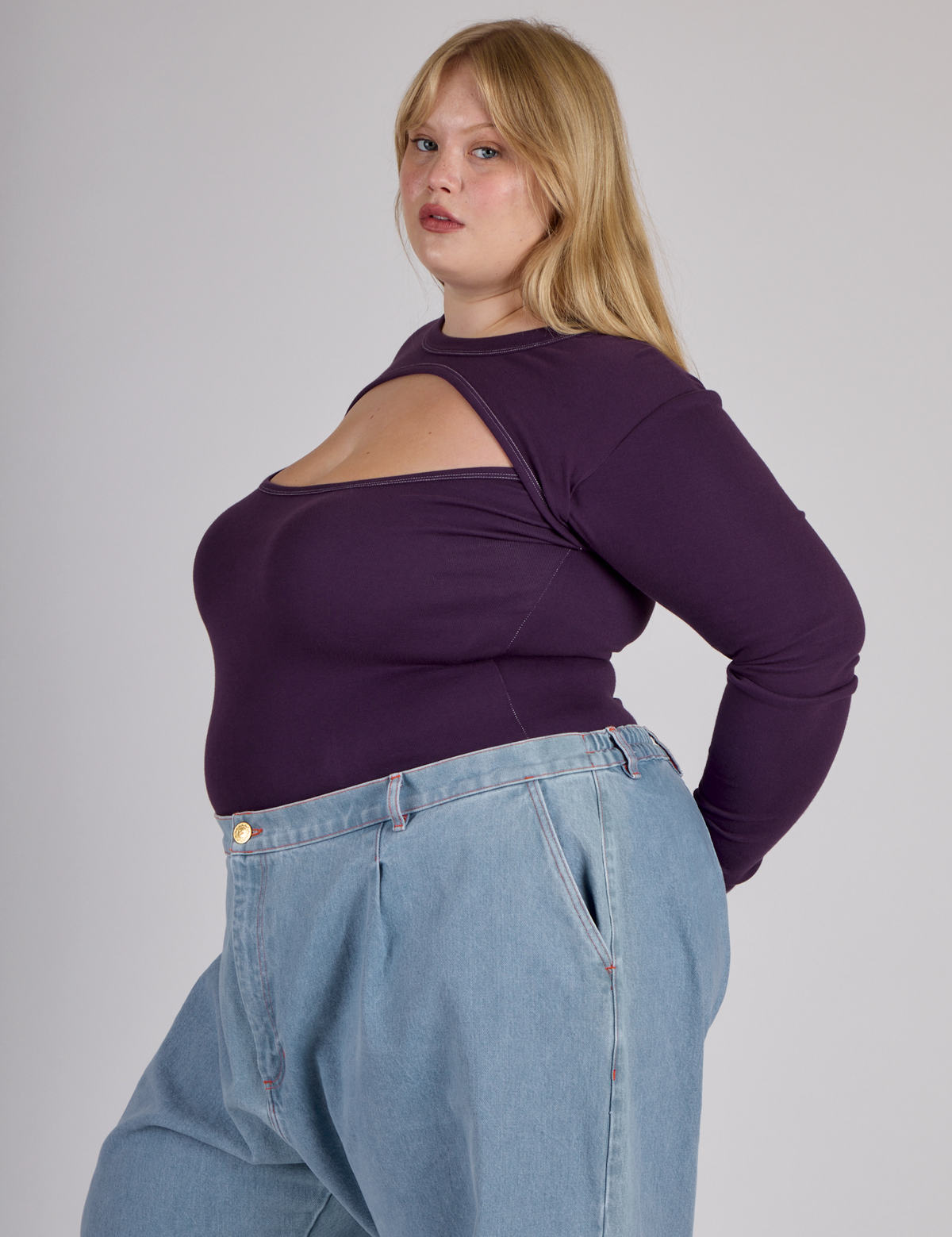 Side view of Juliet in the Nebula Purple Long Sleeve Porthole Tee