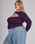 Side view of Juliet in the Nebula Purple Long Sleeve Porthole Tee