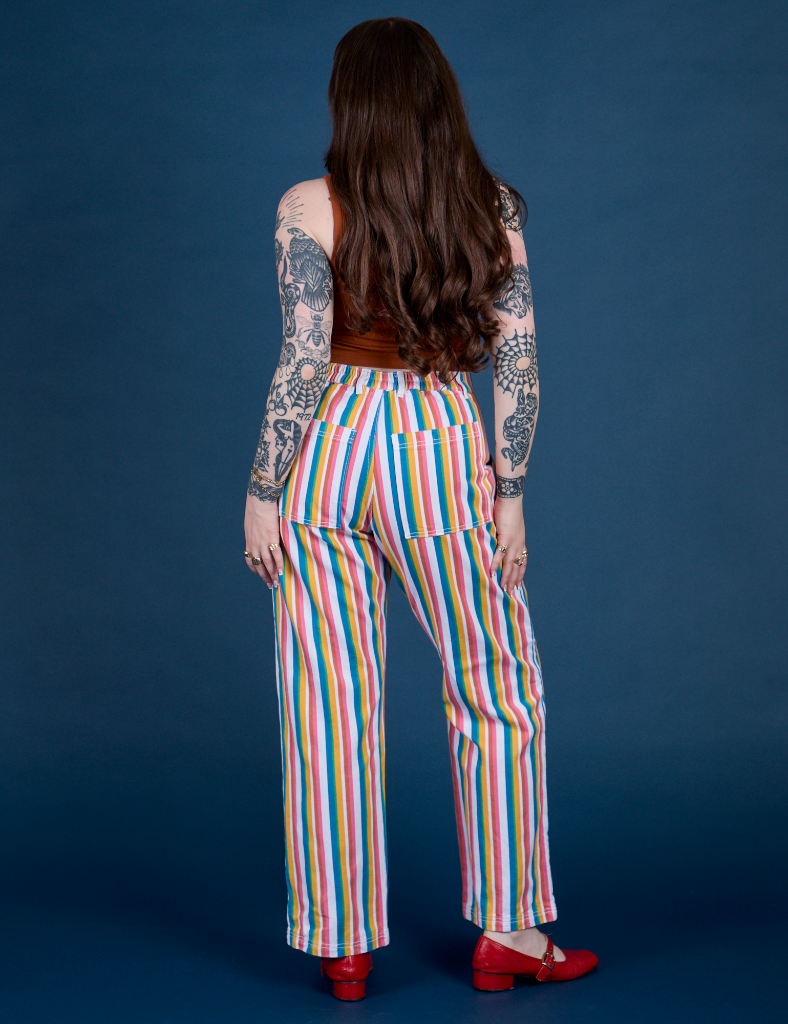 Work Pants in Rainbow Stripe back view on Sydney