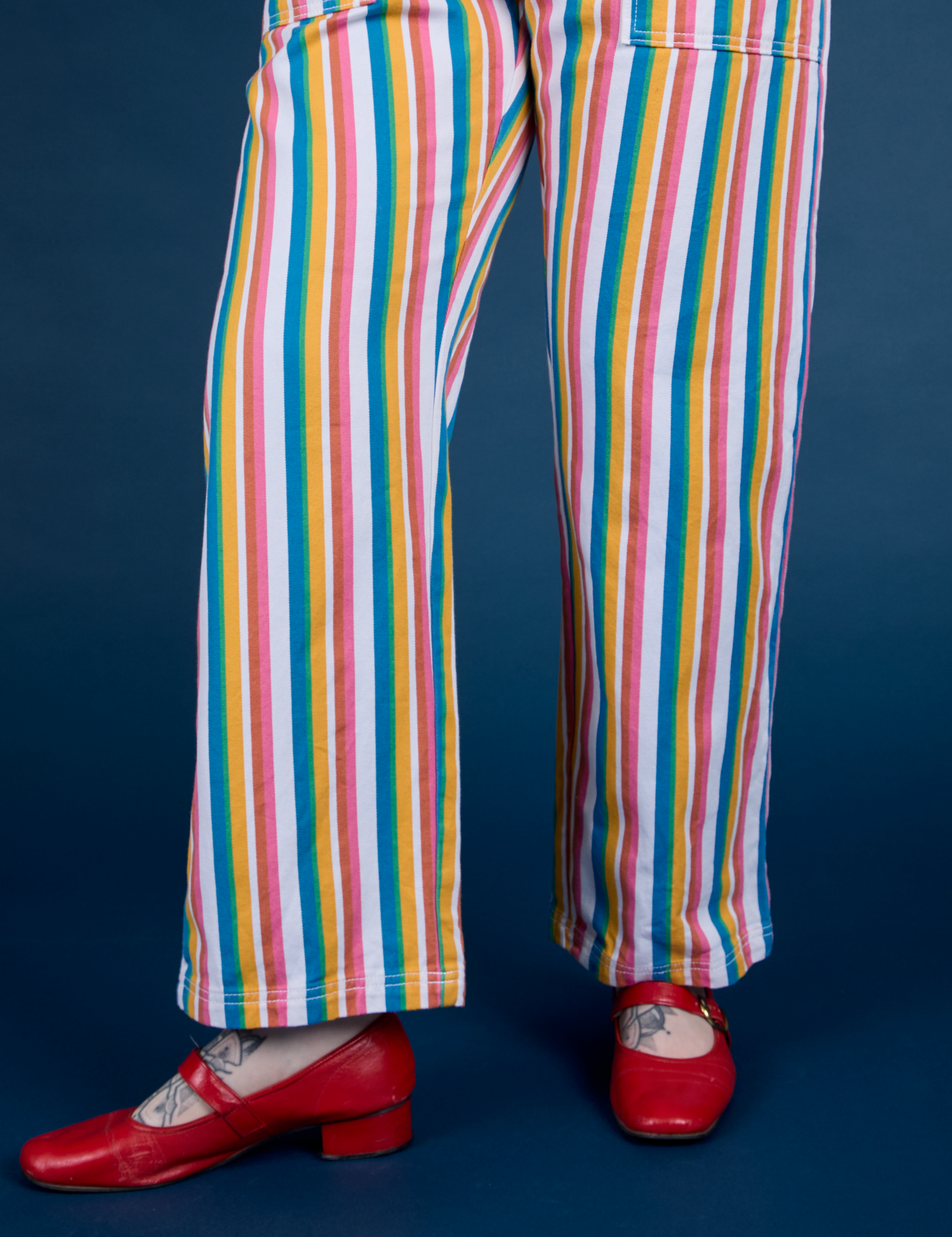 Work Pants in Rainbow Stripe pant leg close up on Sydney