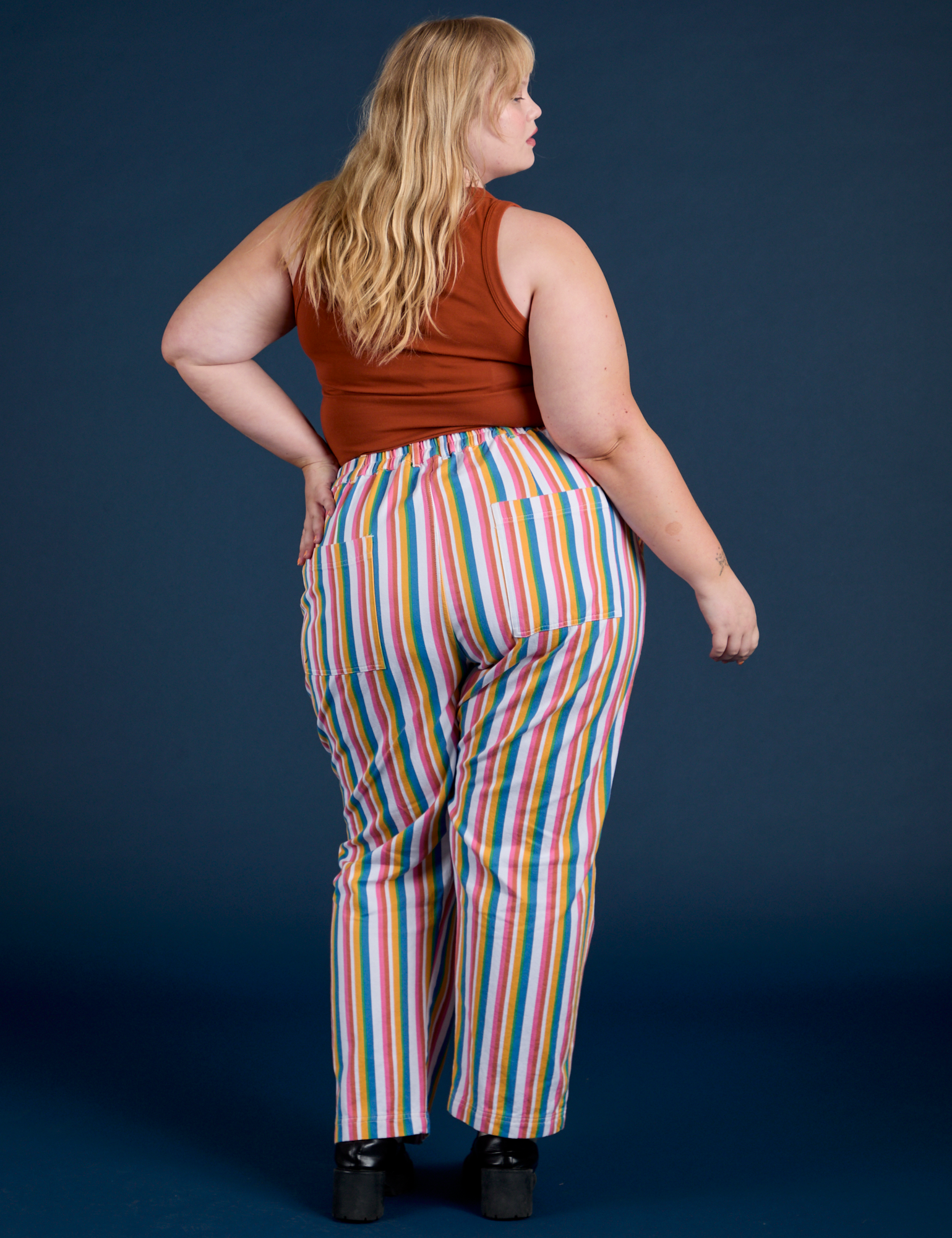 Work Pants in Rainbow Stripe back view on Juliet