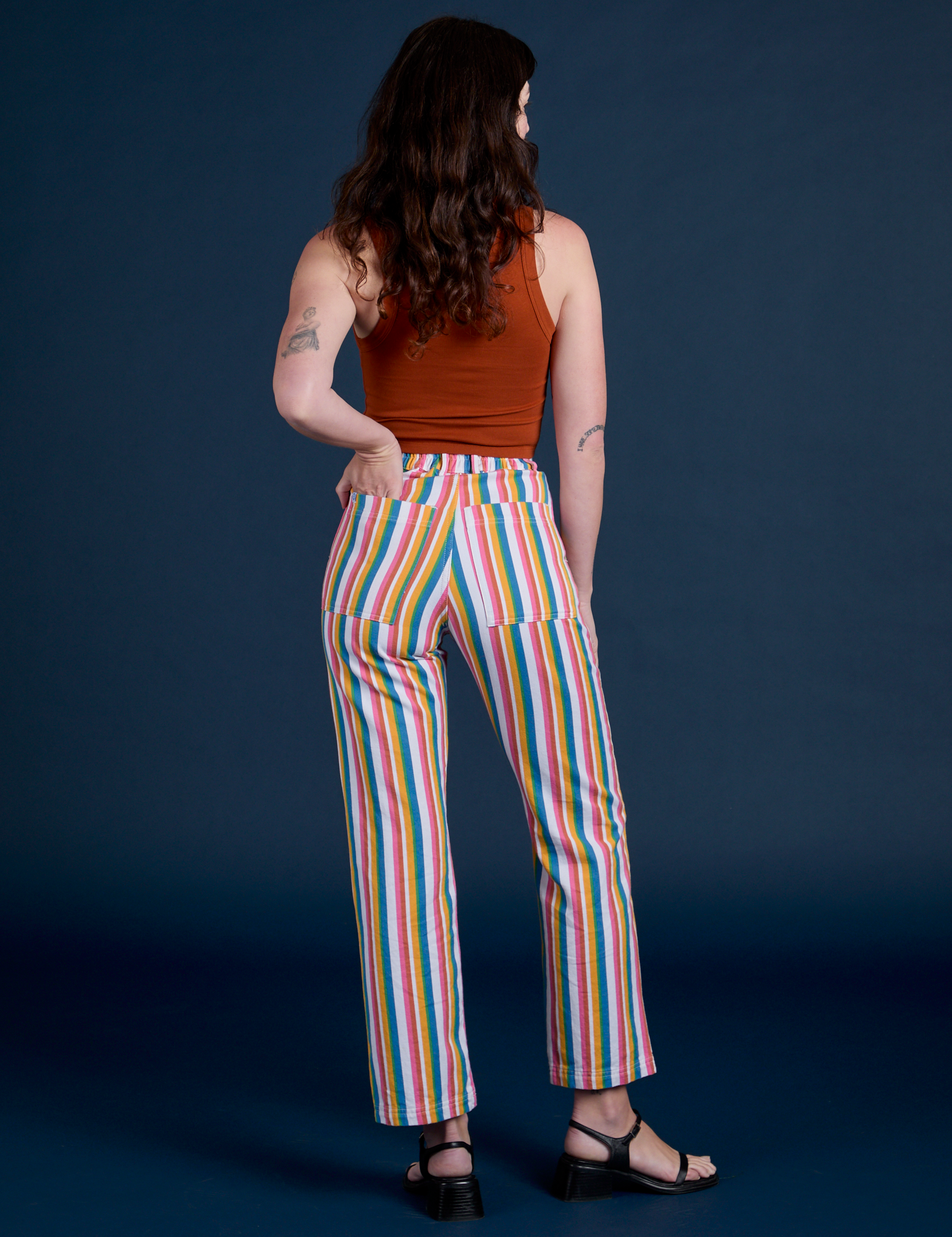 Work Pants in Rainbow Stripe back view on Alex