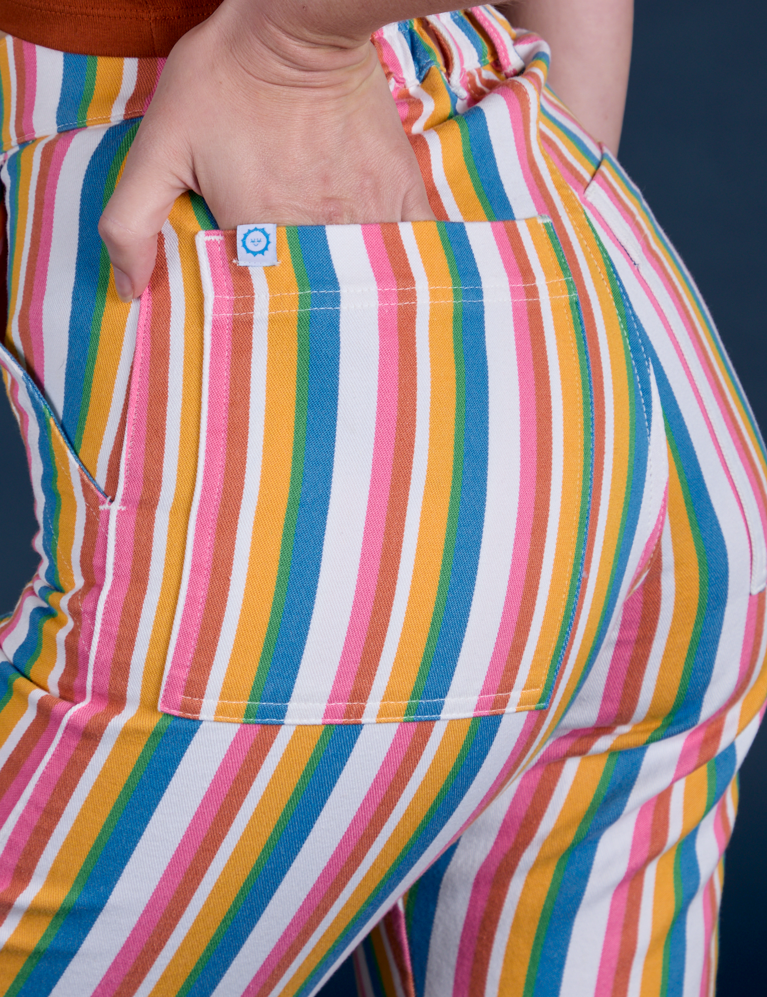 Close up of Alex's hand in the back pocket of Work Pants in Rainbow Stripe
