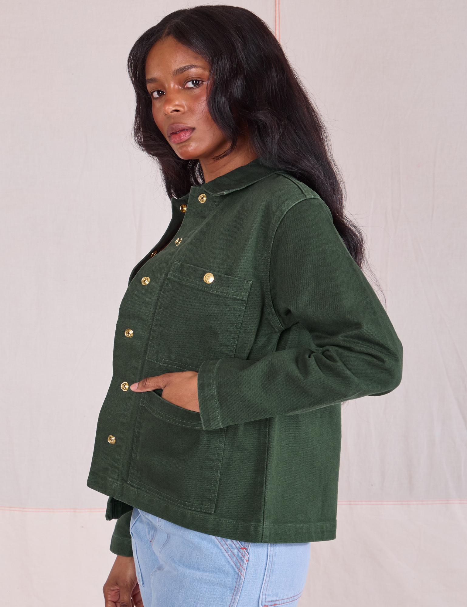 Denim Work Jacket in Swamp Green side view on Kandia