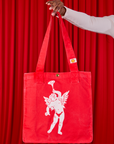 Cupid Shopper Tote with Kandia holding the straps