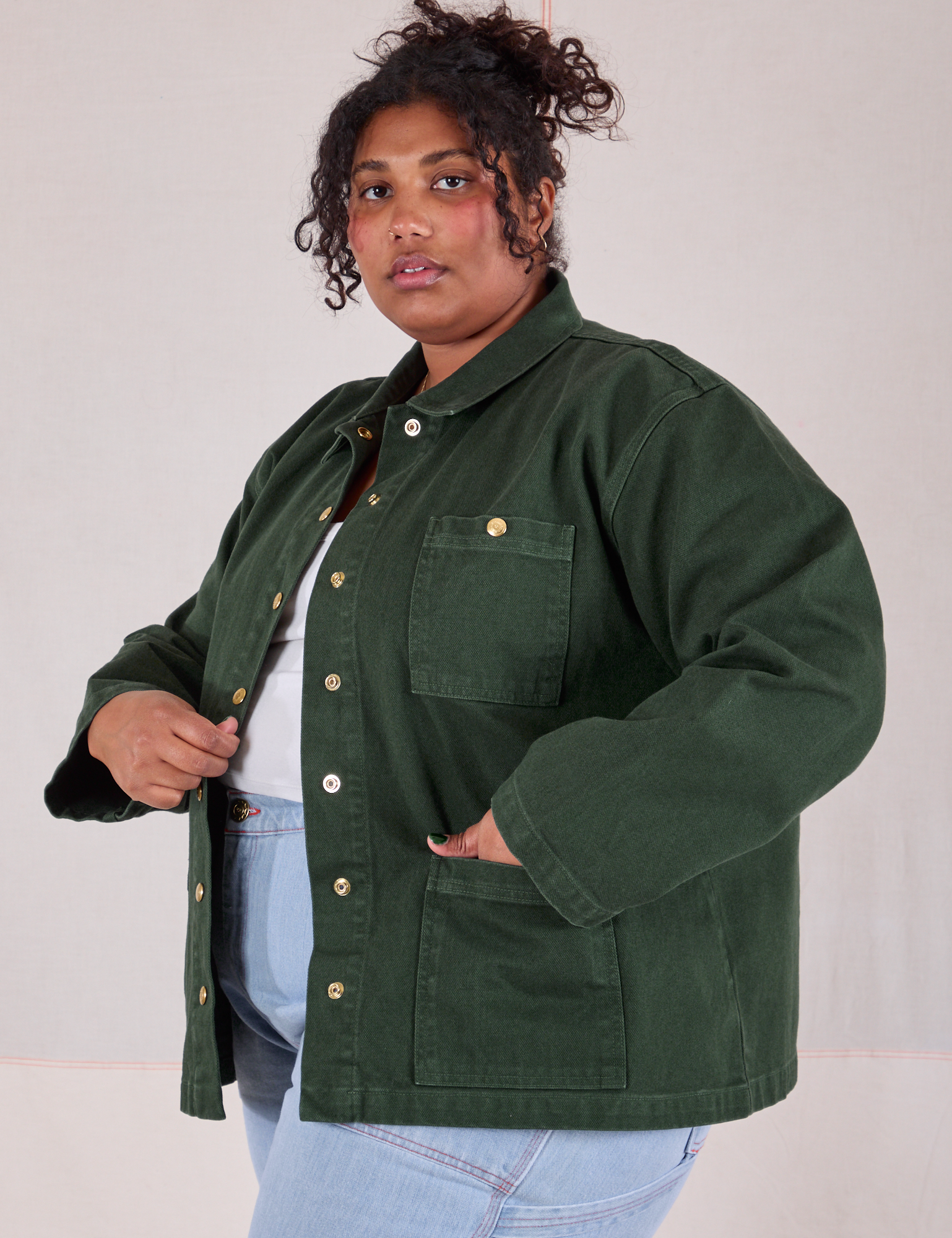 Denim Work Jacket in Swamp Green angled front view on Morgan