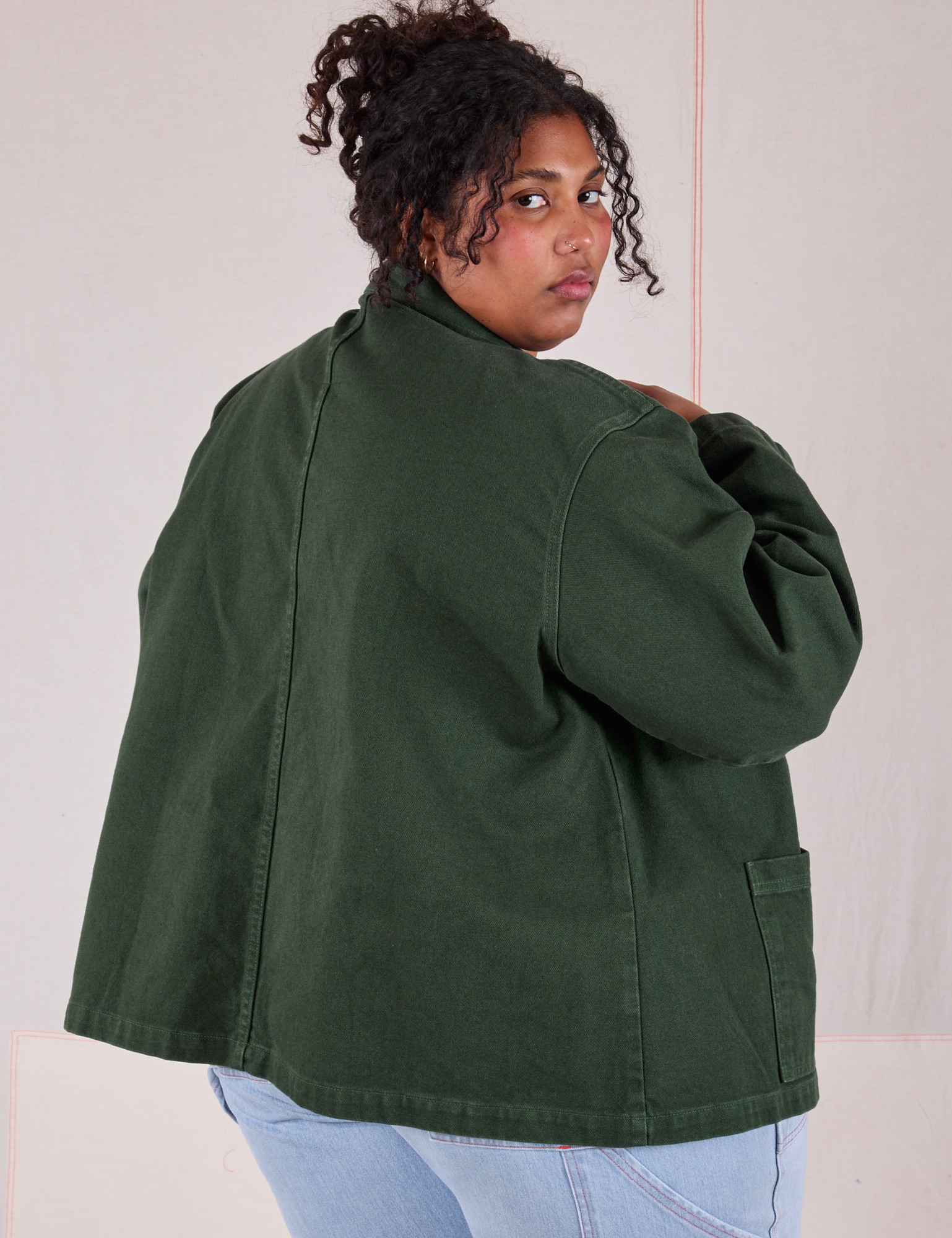 Denim Work Jacket in Swamp Green back view on Morgan