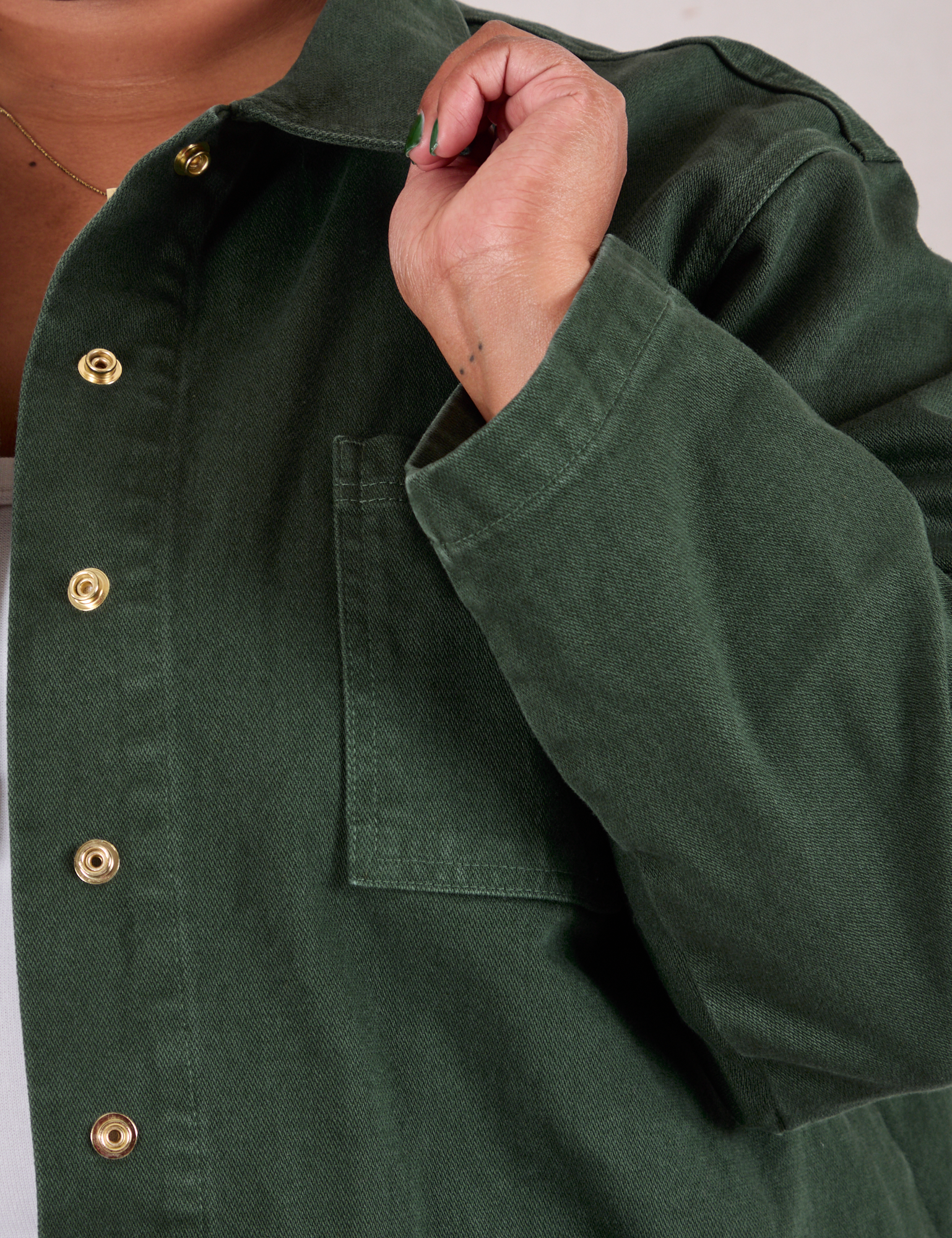 Denim Work Jacket in Swamp Green front close up on Morgan