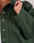 Denim Work Jacket in Swamp Green front close up on Morgan