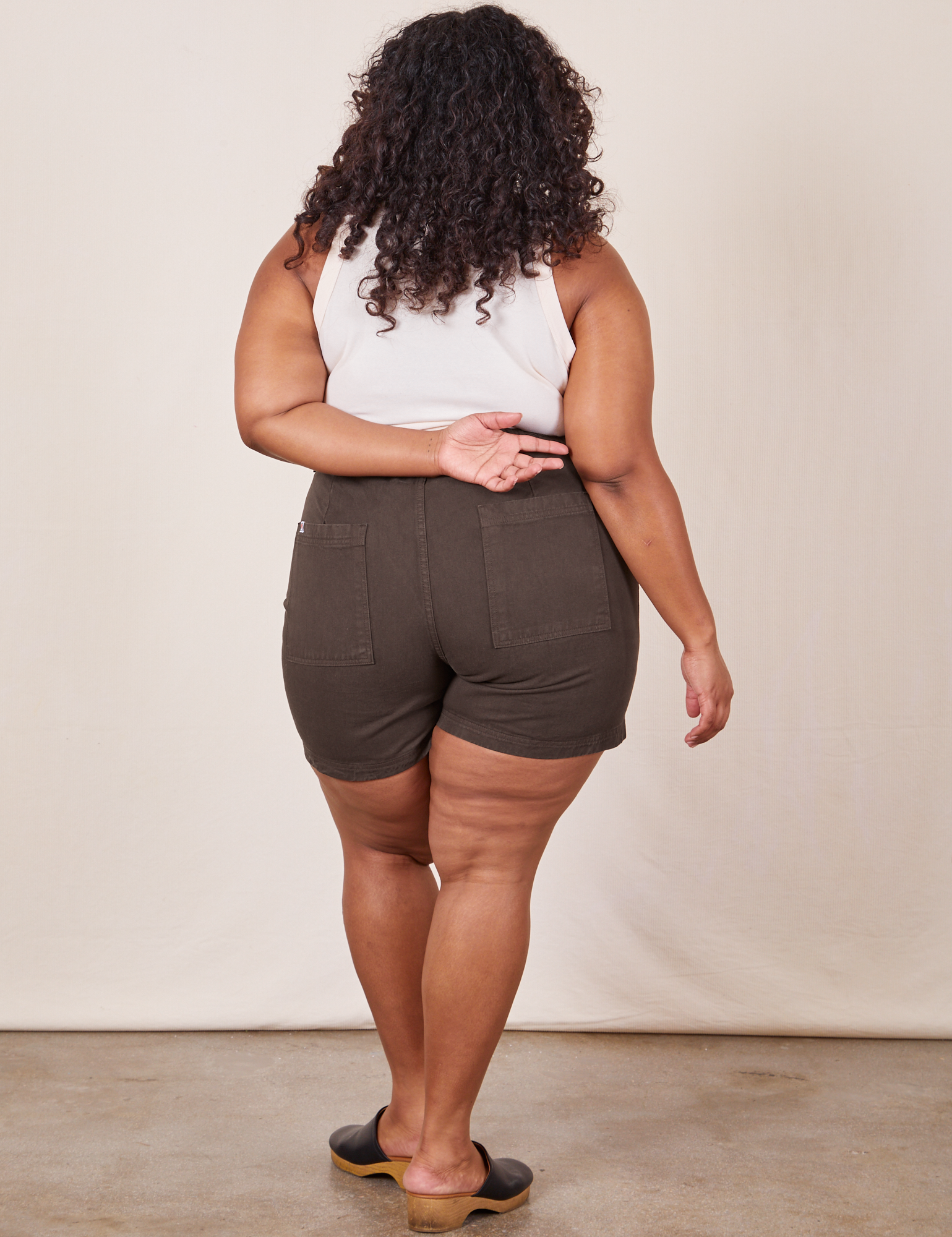 Back view of Classic Work Shorts in Espresso Brown and Tank Top in vintage off-white on Morgan