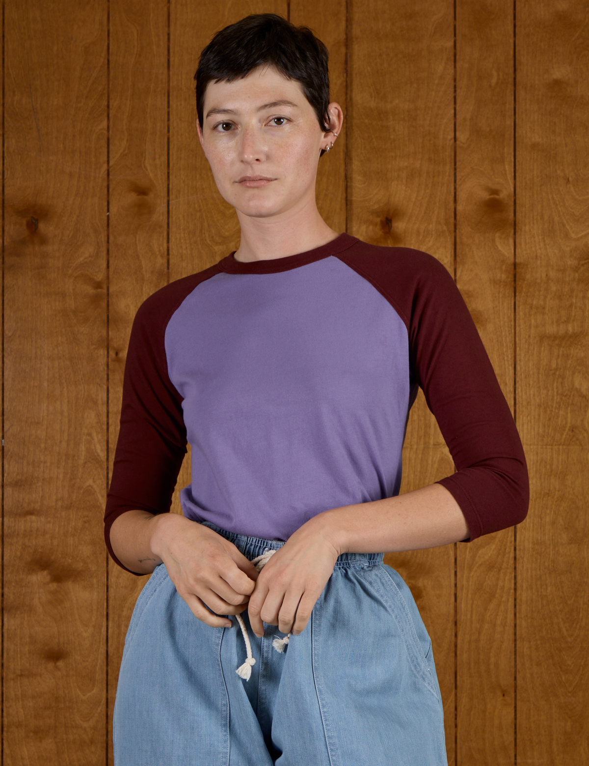 Alex in the Faded Grape/Wine Colorblock Raglan Tee