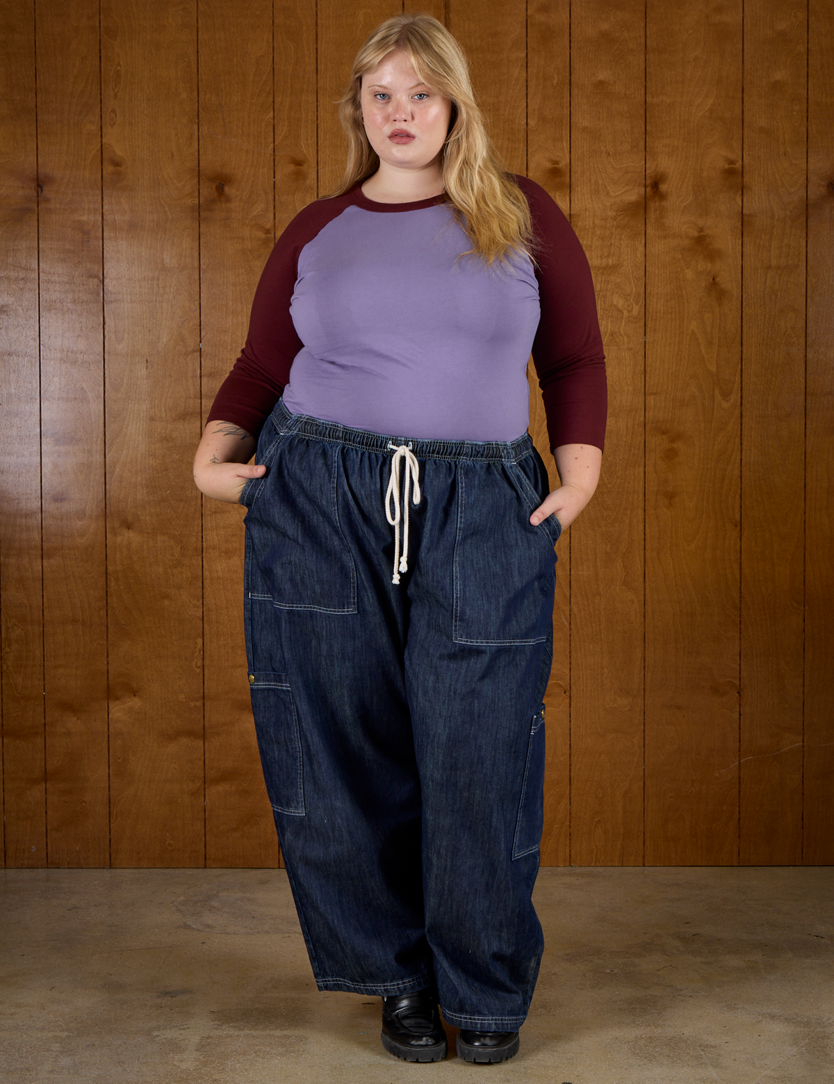 Juliet is 5'7" and wearing L Faded Grape/Wine Colorblock Raglan Tee