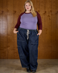 Juliet is 5'7" and wearing L Faded Grape/Wine Colorblock Raglan Tee