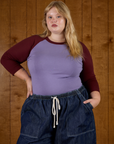 Juliet wearing the Faded Grape/Wine Colorblock Raglan Tee