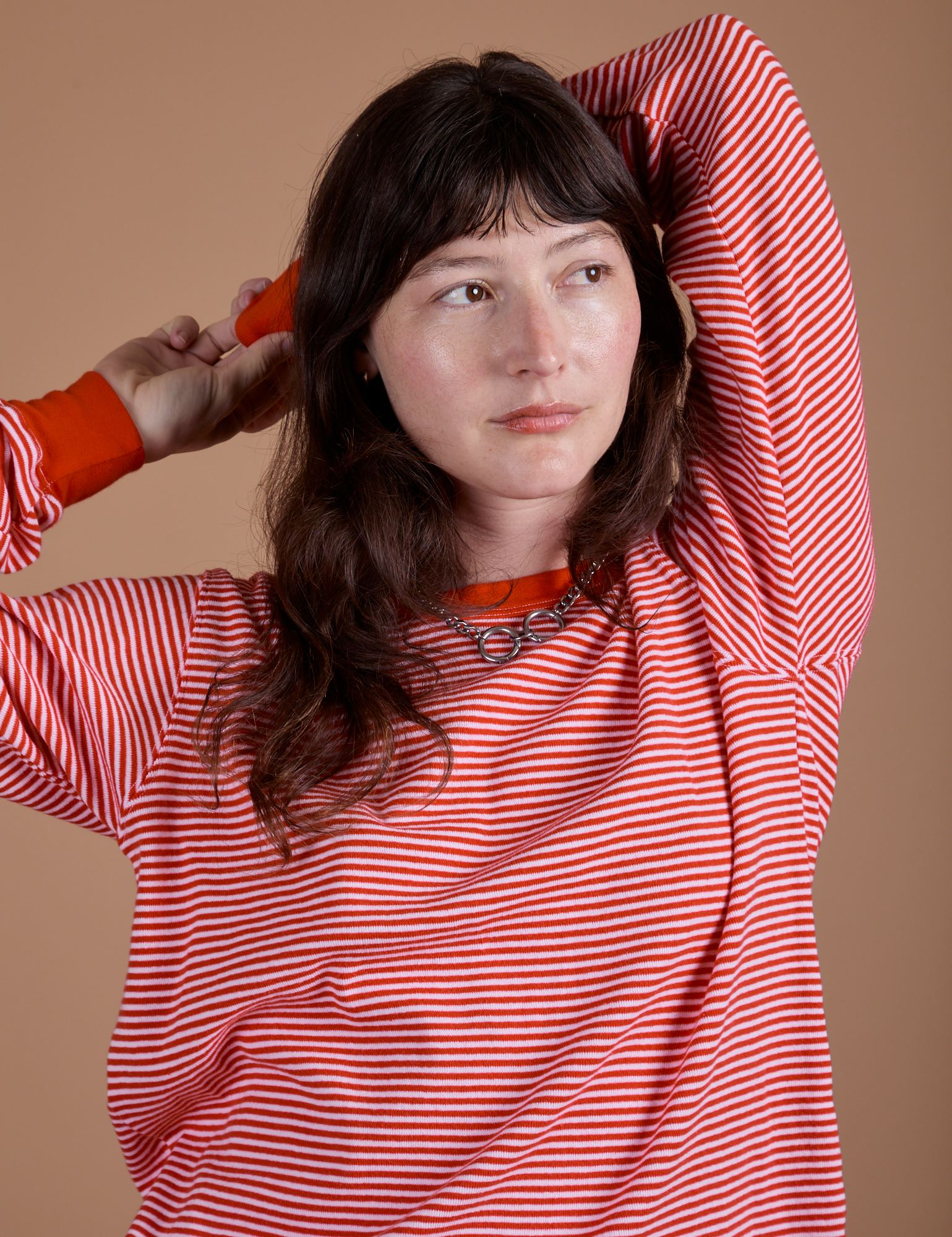 Long Sleeve Burly Tee in Red/White Stripe front close up on Alex
