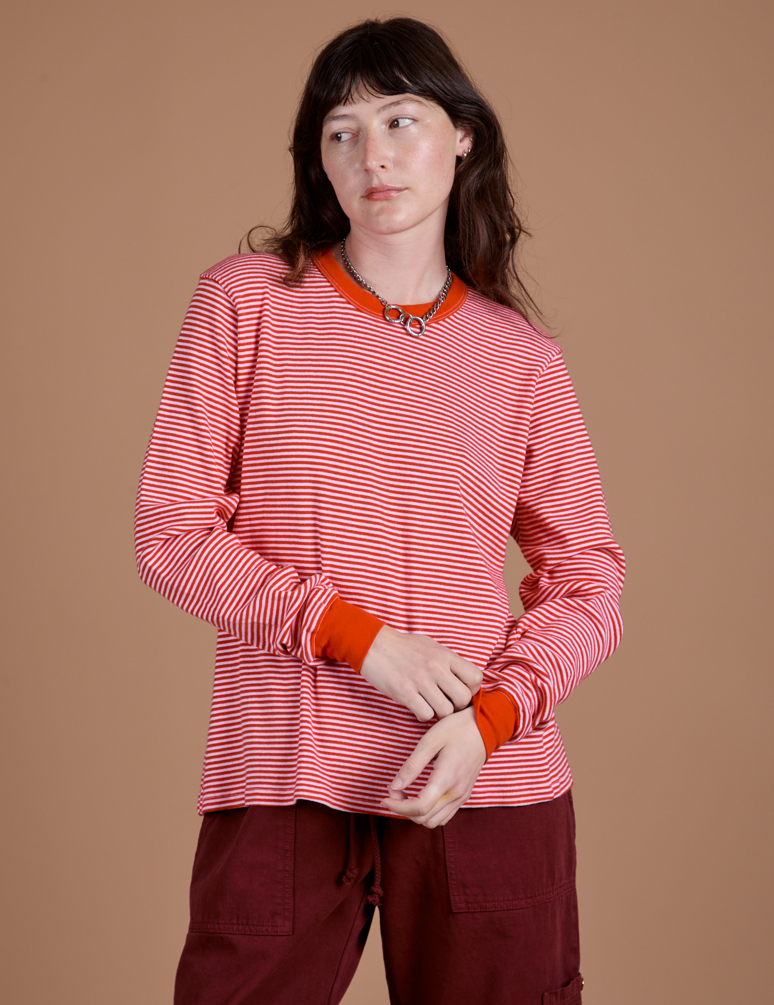 Long Sleeve Burly Tee in Red/White Stripe on Alex