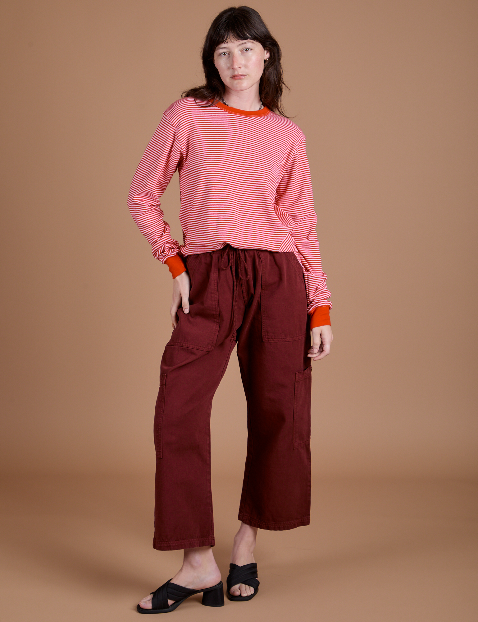 Long Sleeve Burly Tee in Red/White Stripe and Drop Pocket Cargo Pants in Red Wine on Alex