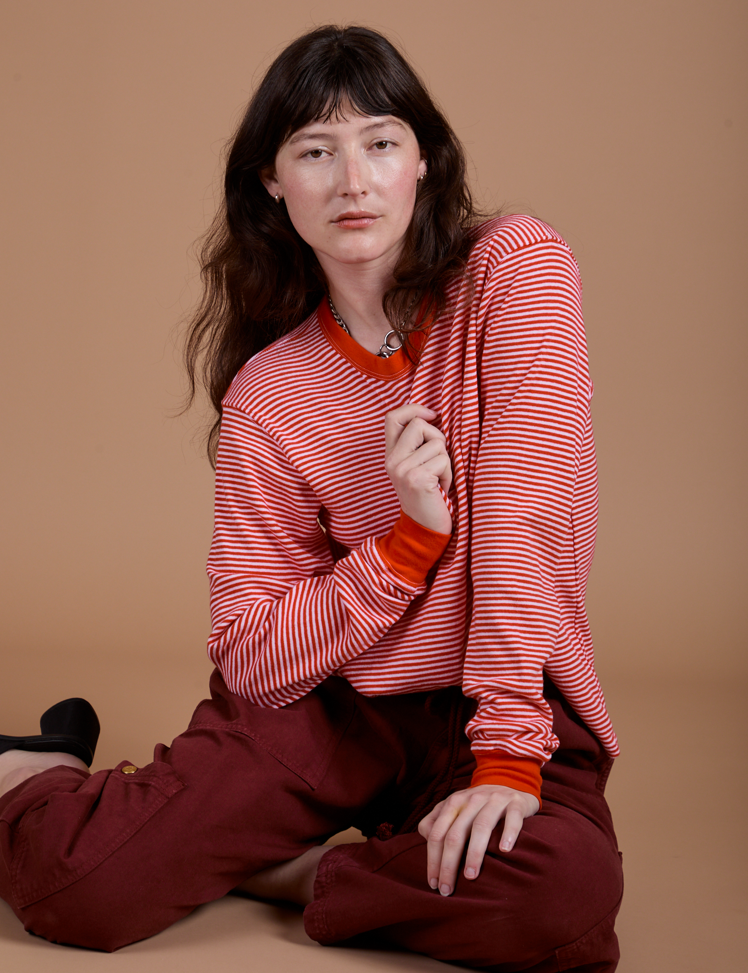 Long Sleeve Burly Tee in Red/White Stripe worn by Alex