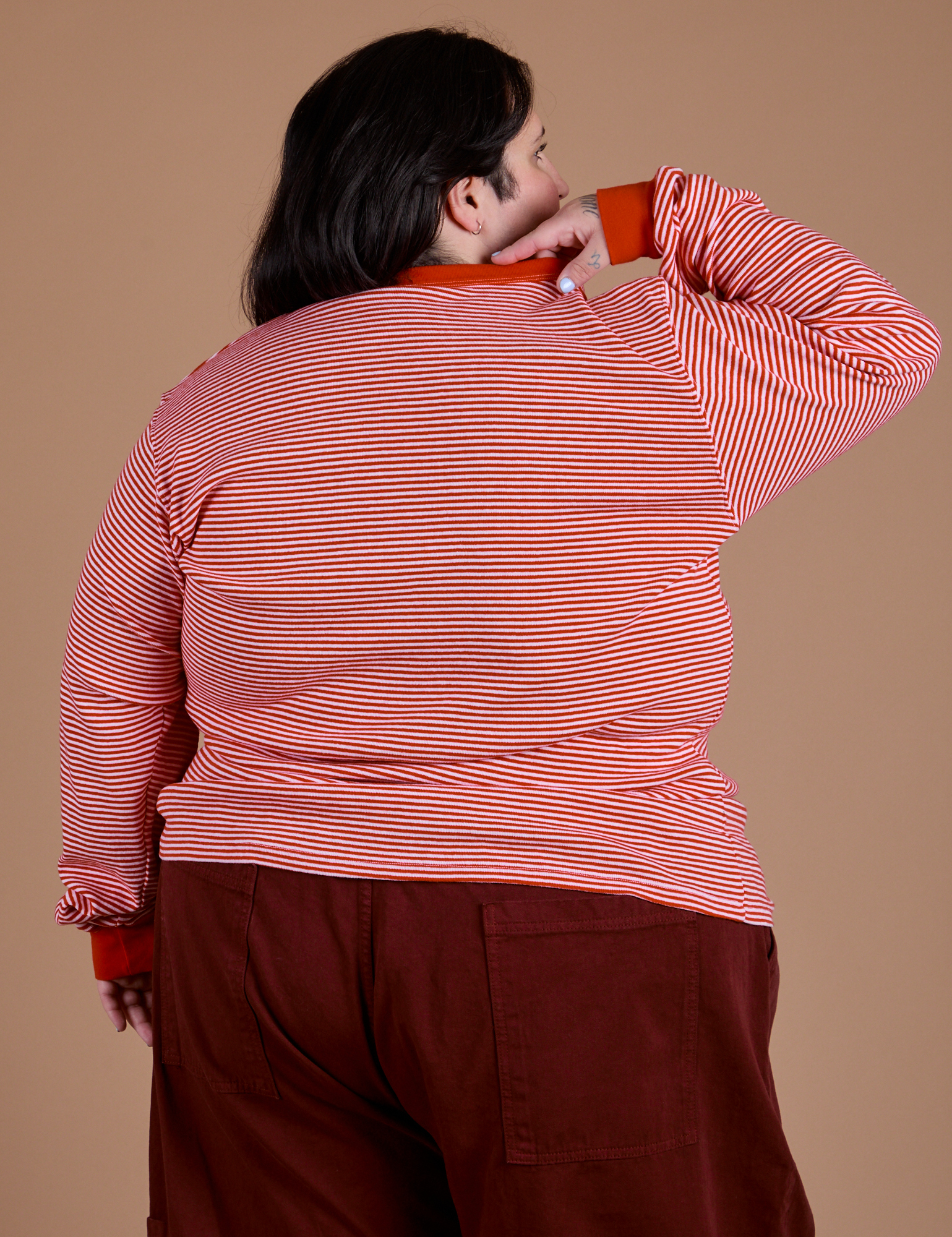  Long Sleeve Burly Tee in Red/White Stripe back view on Sam