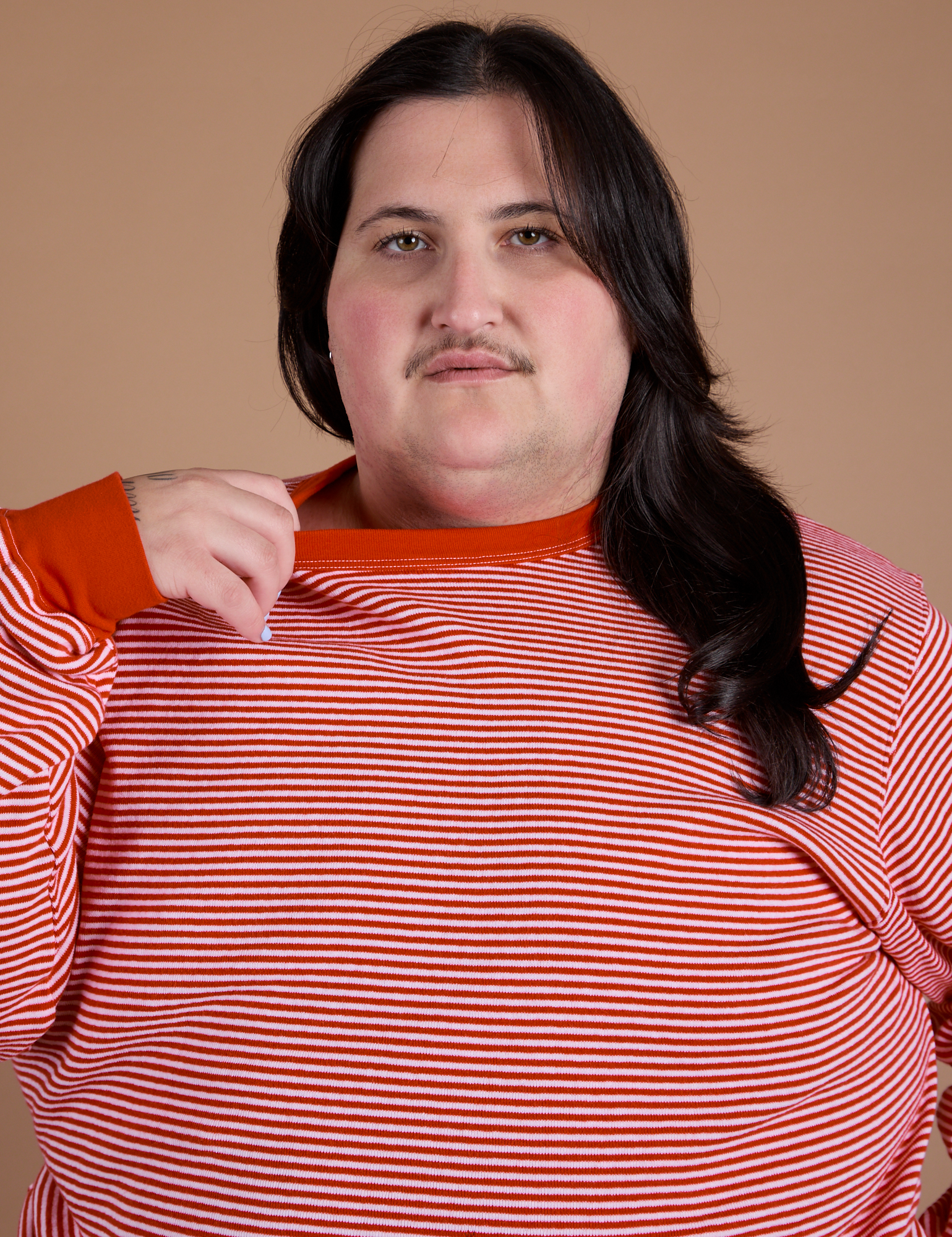  Long Sleeve Burly Tee in Red/White Stripe front close up on Sam