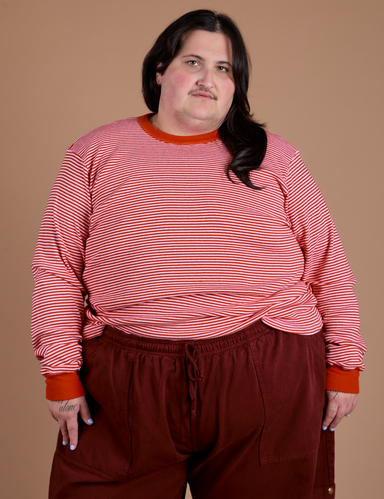  Long Sleeve Burly Tee in Red/White Stripe worn by Sam