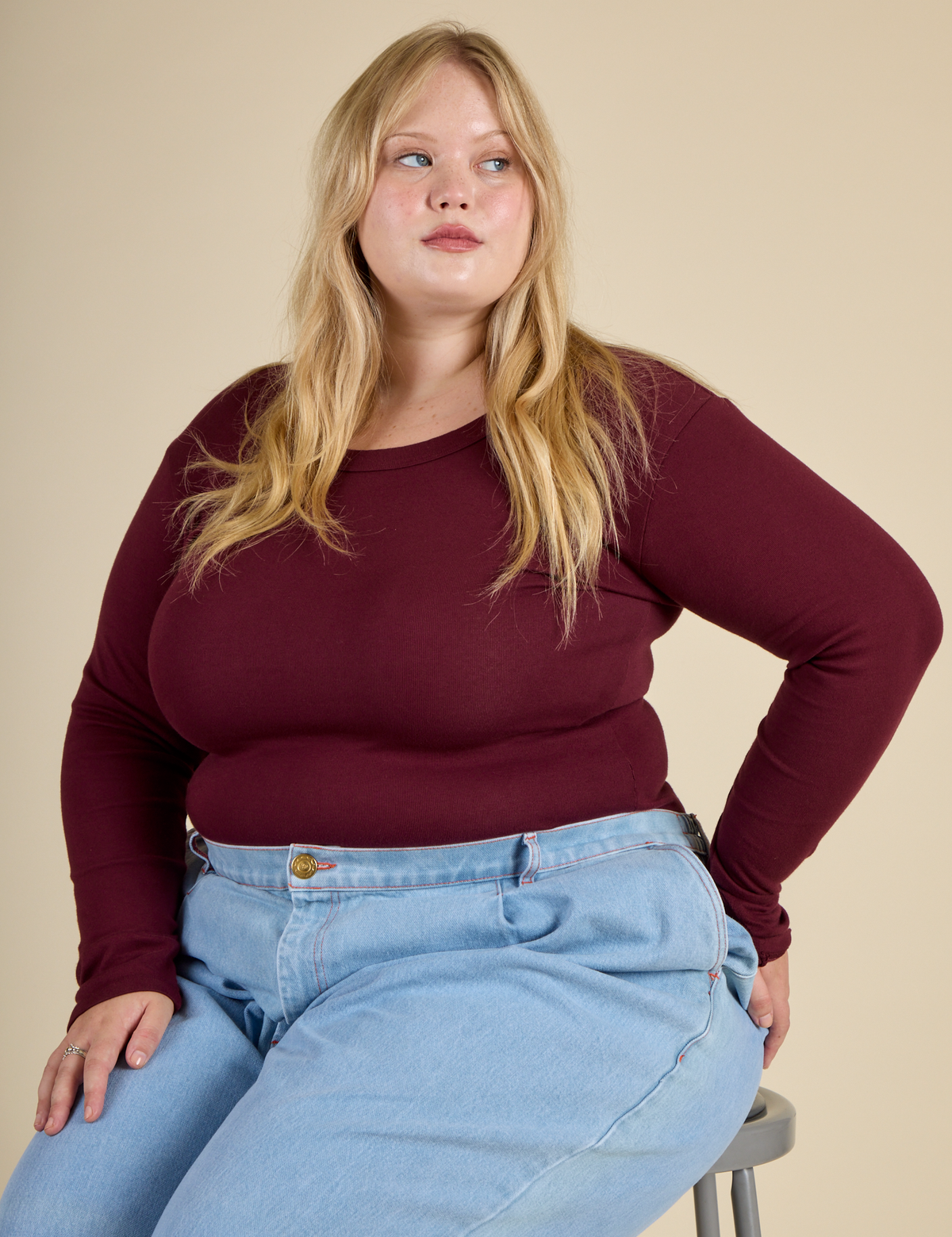 Juliet wearing the Red wine Long Sleeve Baby Tee