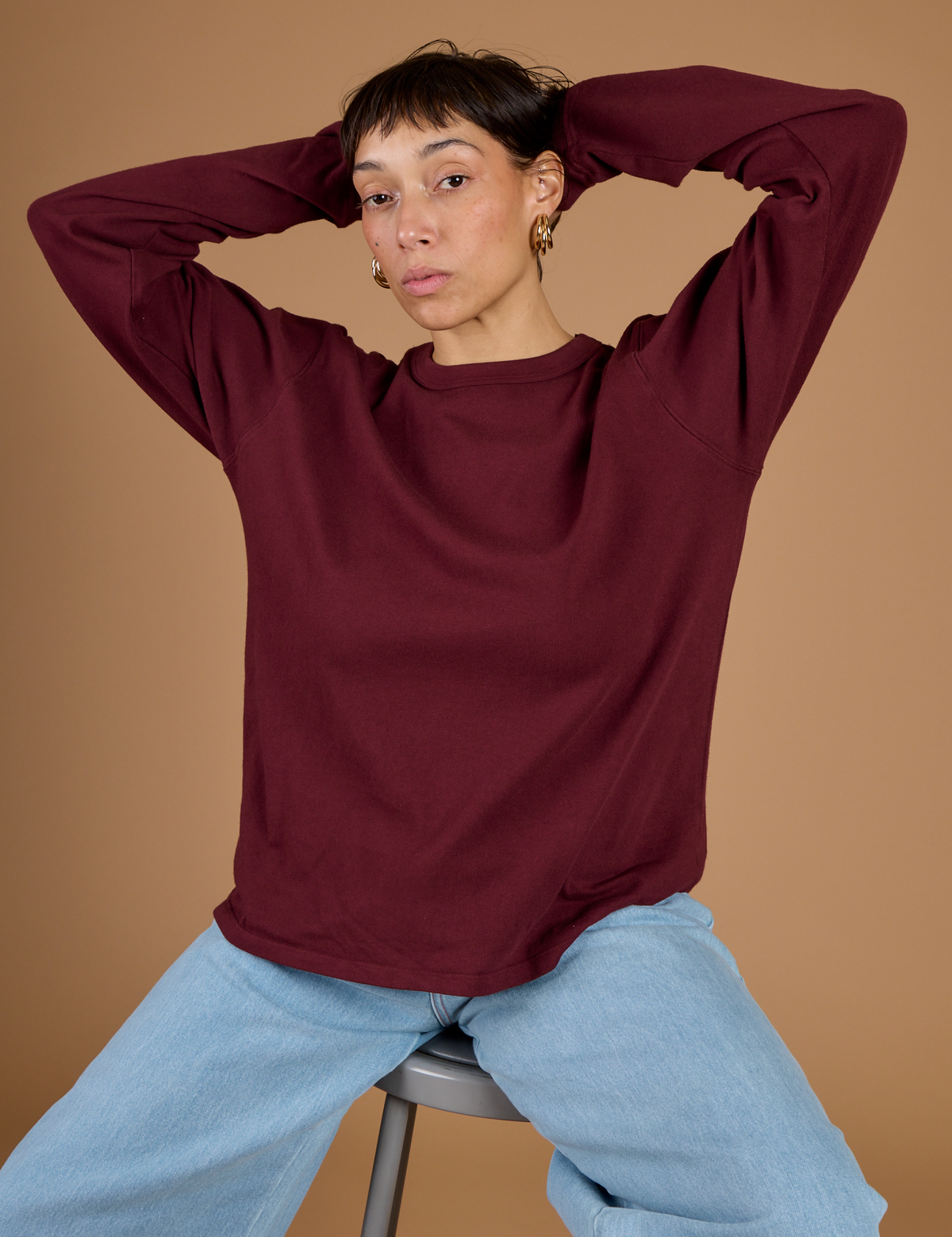 Tiara wearing the Red Wine Long Sleeve Burly Tee