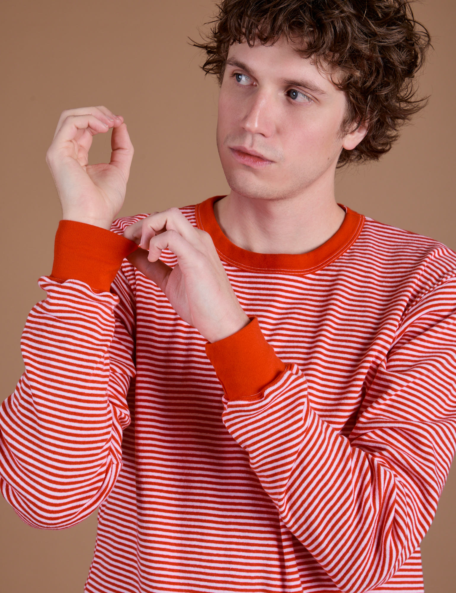Long Sleeve Burly Tee in Red/White Stripe close up on Quinn