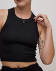 Close up of the Basic Black Deep Cut Racerback  on Alex