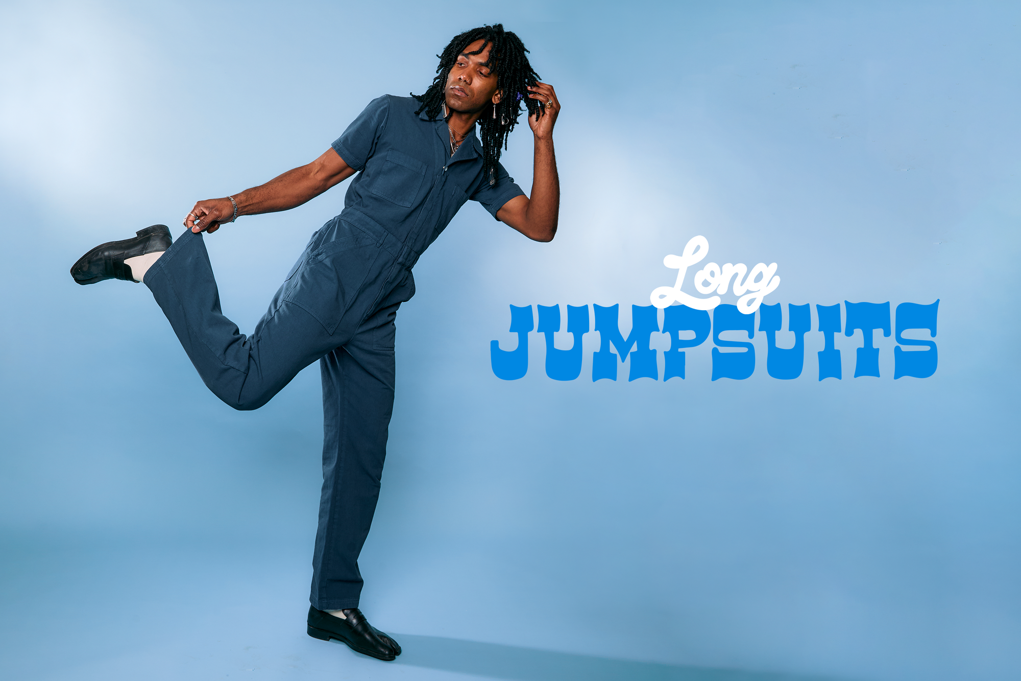 Jerrod is wearing the Long Jumpsuit in Lagoon