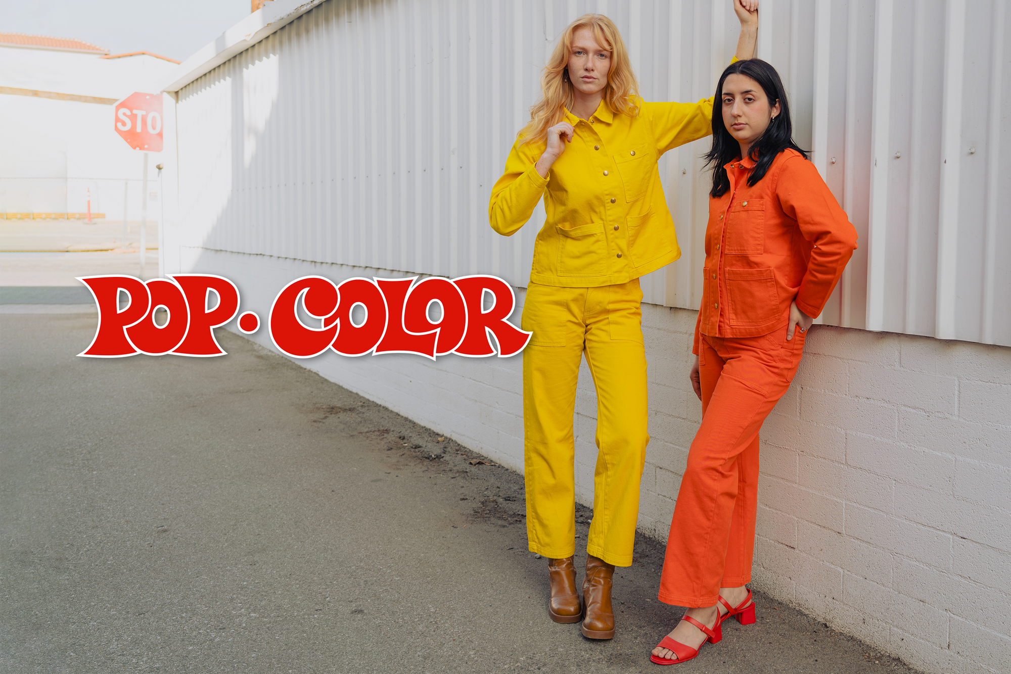 Pop Color Work Pants on Margaret (golden yellow) and Betty (construction orange)