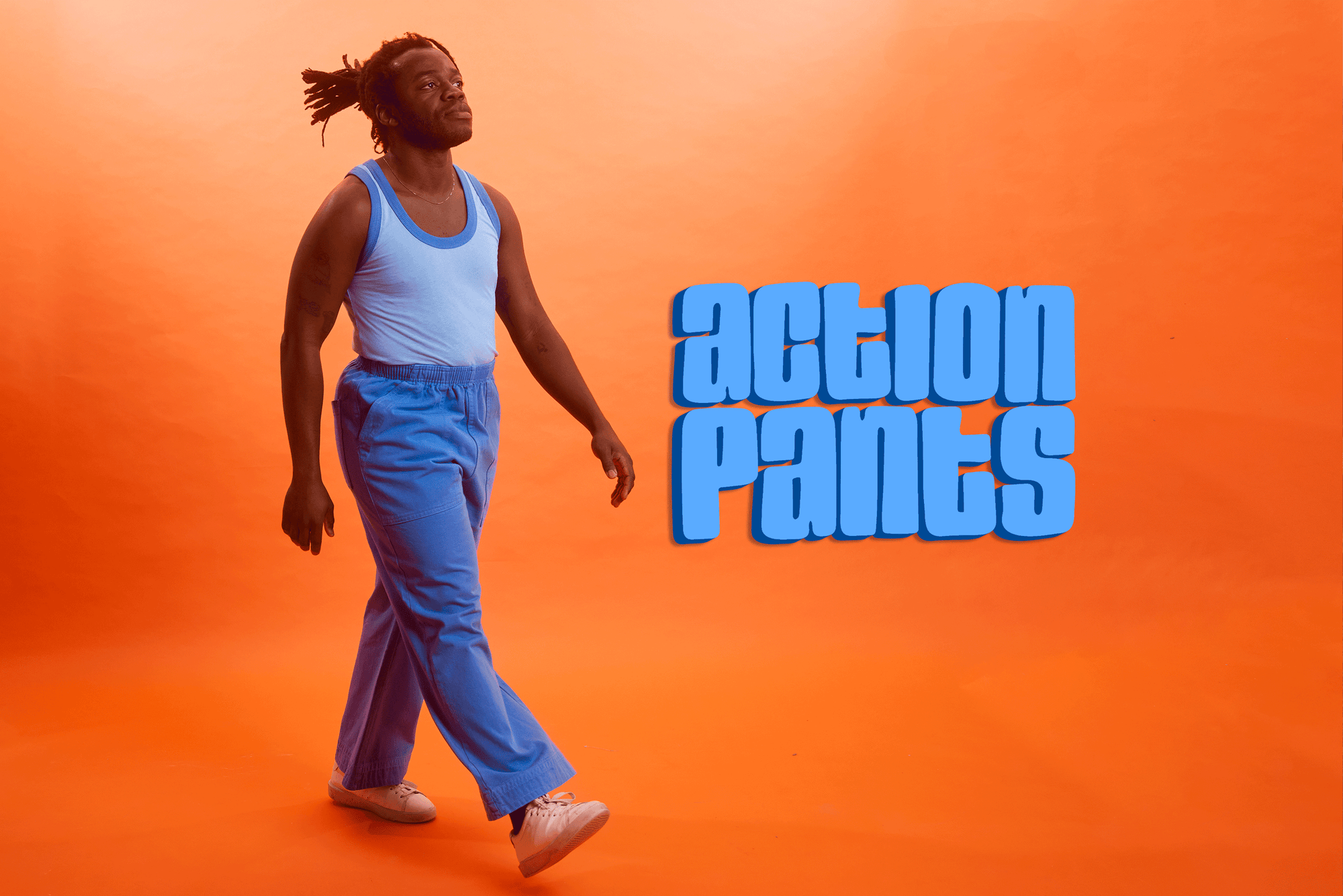 Demi is wearing Action Pants in Greek Blue paired with the Colorblocked Tank in Baby Blue