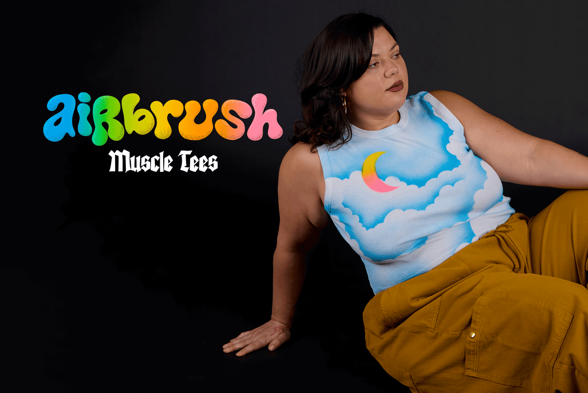 Kristen wearing the Morning Moon Airbrush Muscle tee with Spicy Mustard Drop Pocket Cargo Pants