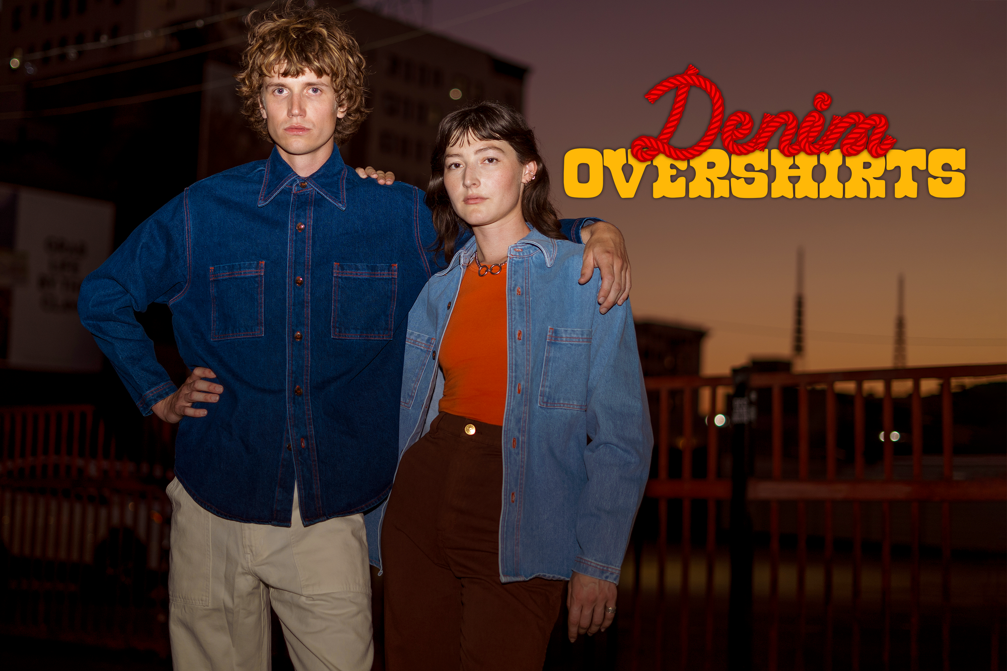 Alex and Quinn are wearing light and dark wash Denim Overshirts