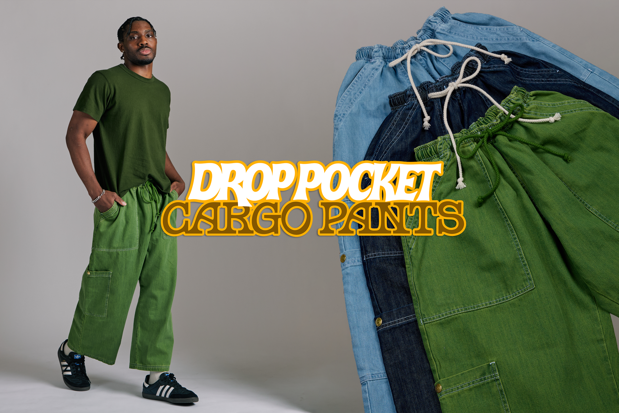 Isaac is wearing Denim Drop Pocket Cargo Pants in Green Overdye