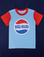 Vintage Tee in Cola - baby blue body with mustang red sleeves and neckline - Big Bud in blue type in center of shirt between a red and blue wave