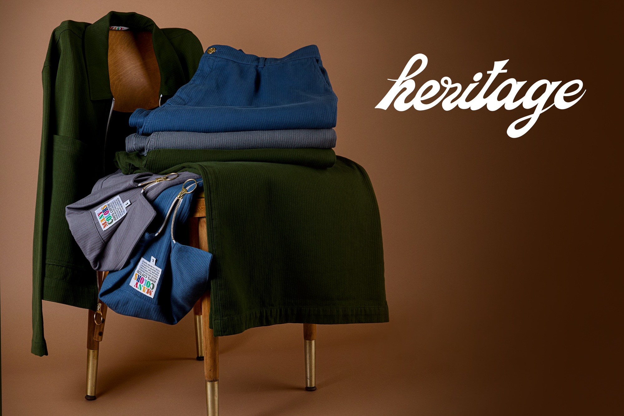 Stacked Heritage Wide Leg Trousers and Heritage Mechanic Jacket on chair