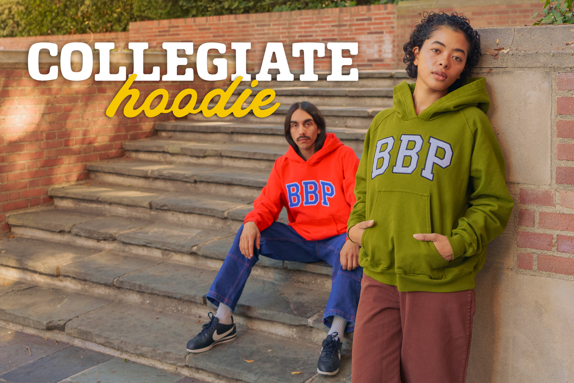 Collegiate Hoodie in Summer Olive and Mustang Red on Mika and Anthony