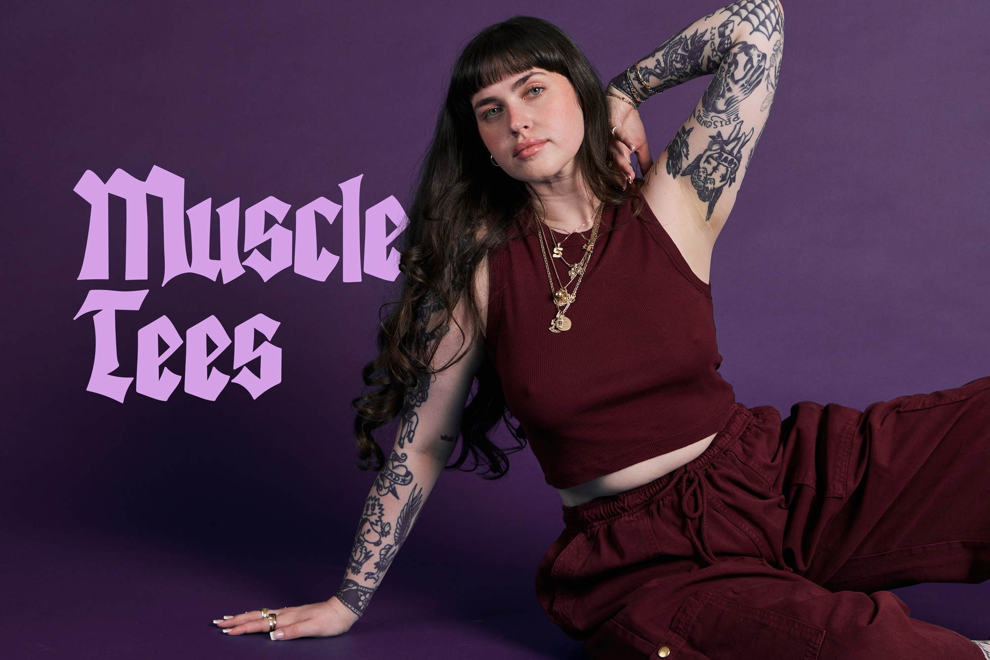 Sydney is wearing Muscle Tee in Red Wine and matching Drop Pocket Cargo Pants