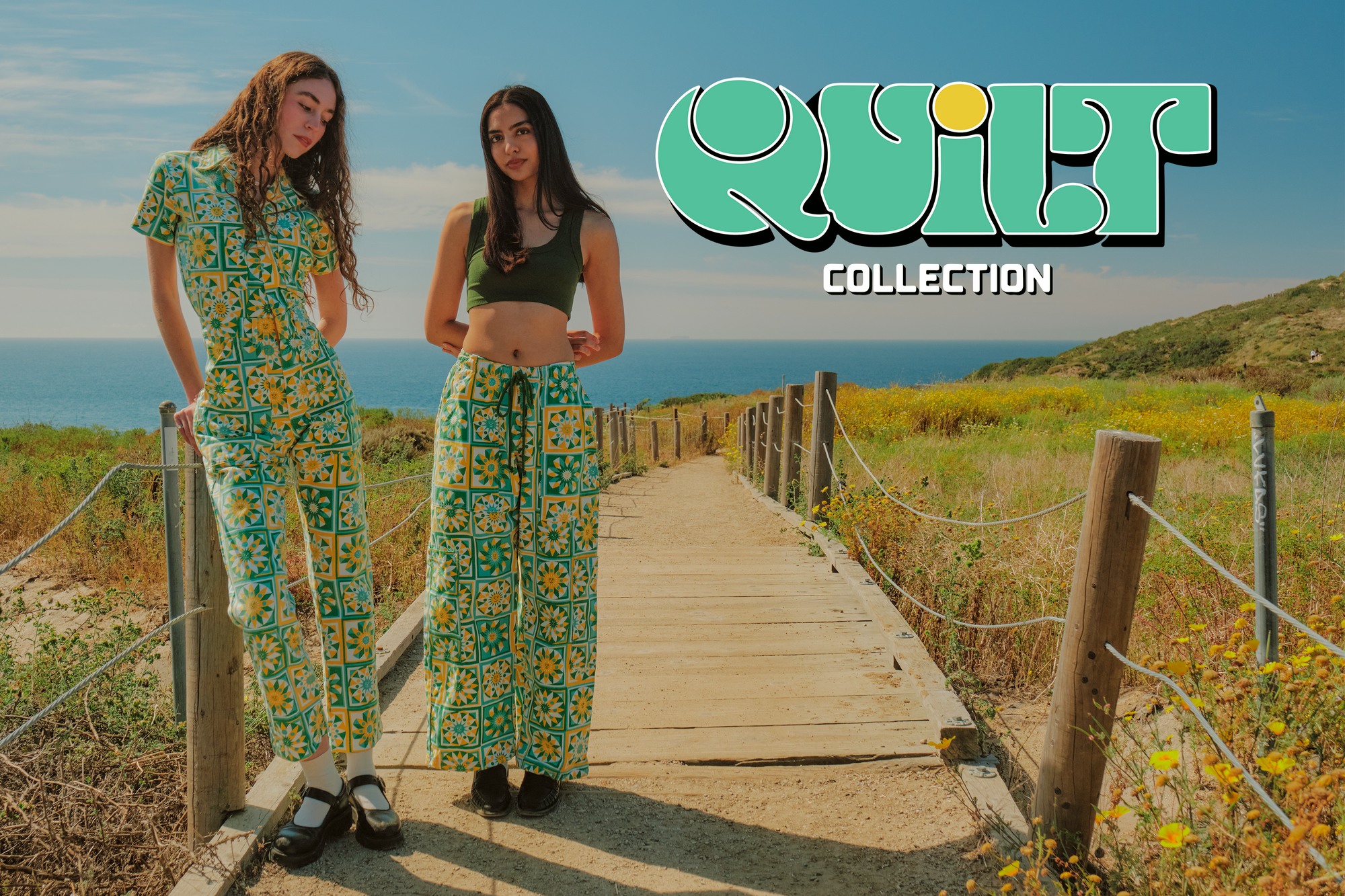 Anjaline is wearing Drop Pocket Cargo Pants in Spring Quilt paired with an evergreen Mini tank. Callandra is wearing a Short Sleeve Jumpsuit in Spring Quilt