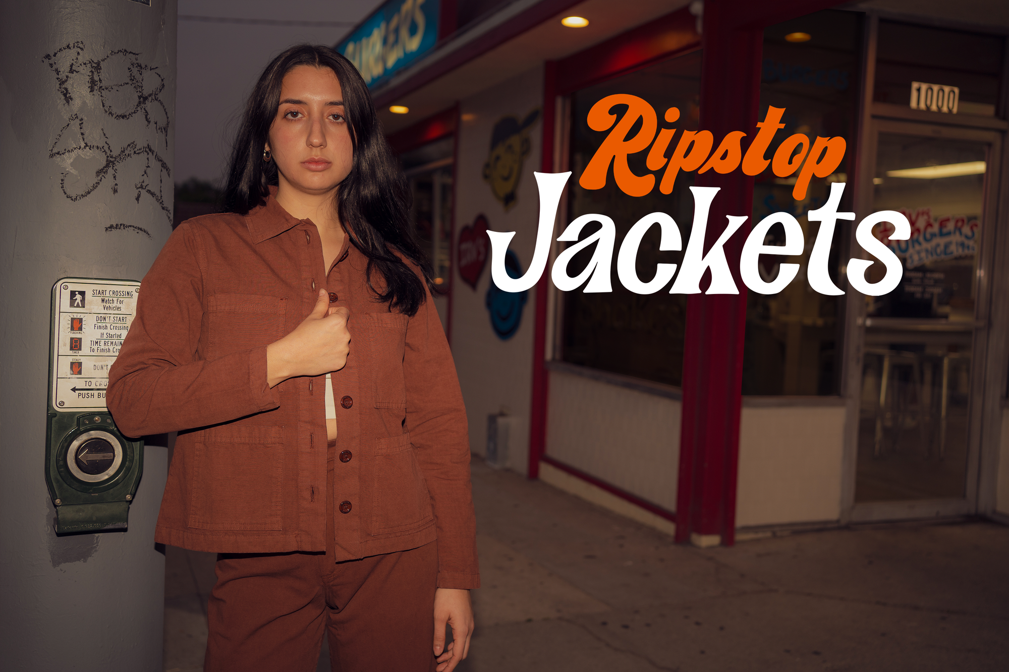 Betty is wearing Ripstop Work Jacket in Fudgesicle Brown