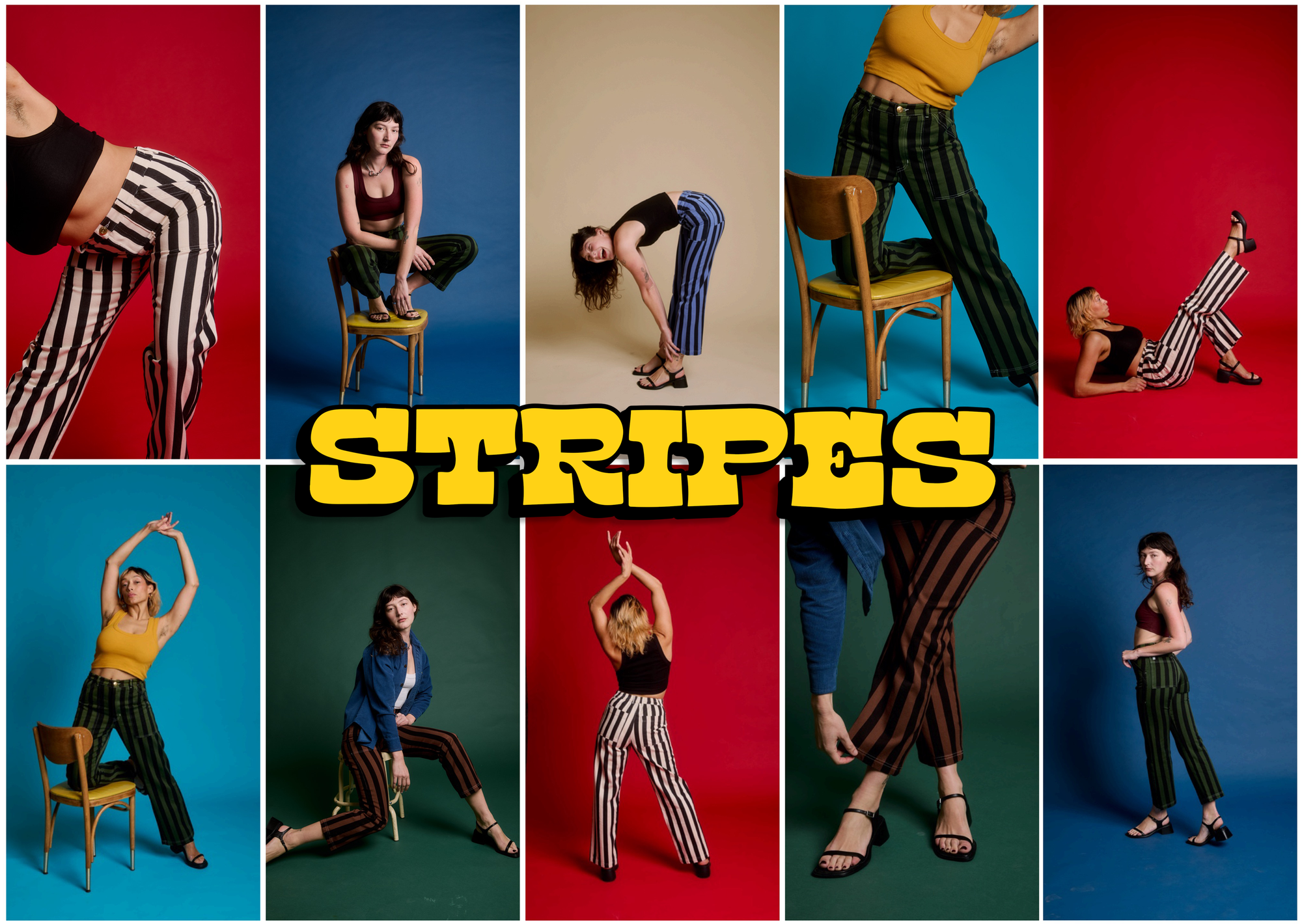 Black Stripe Work Pants in White, Fudgesicle Brown, Evergreen and Cornflower Blue