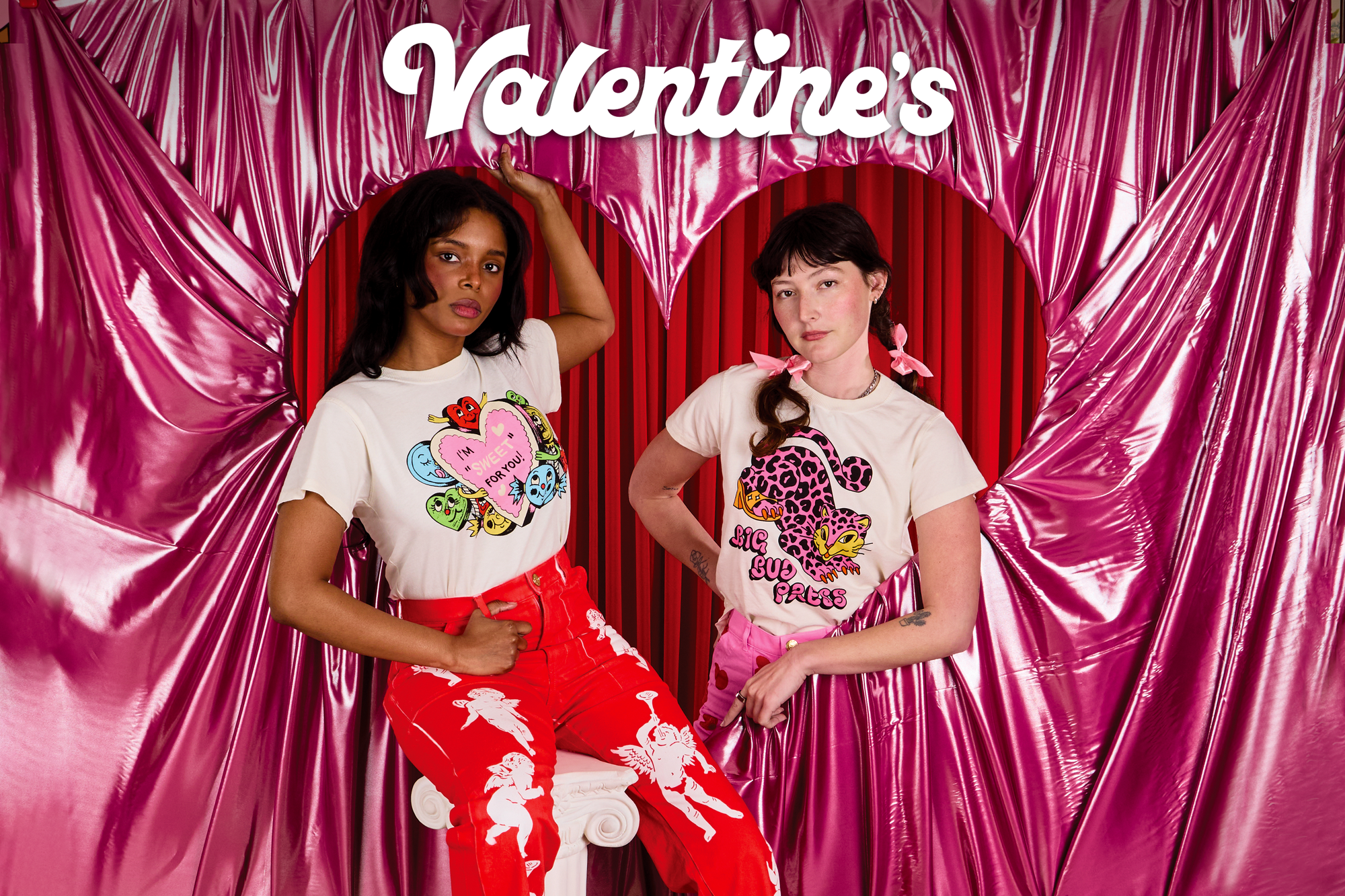 Kandia and Alex are wearing items from the Valentine's Collection