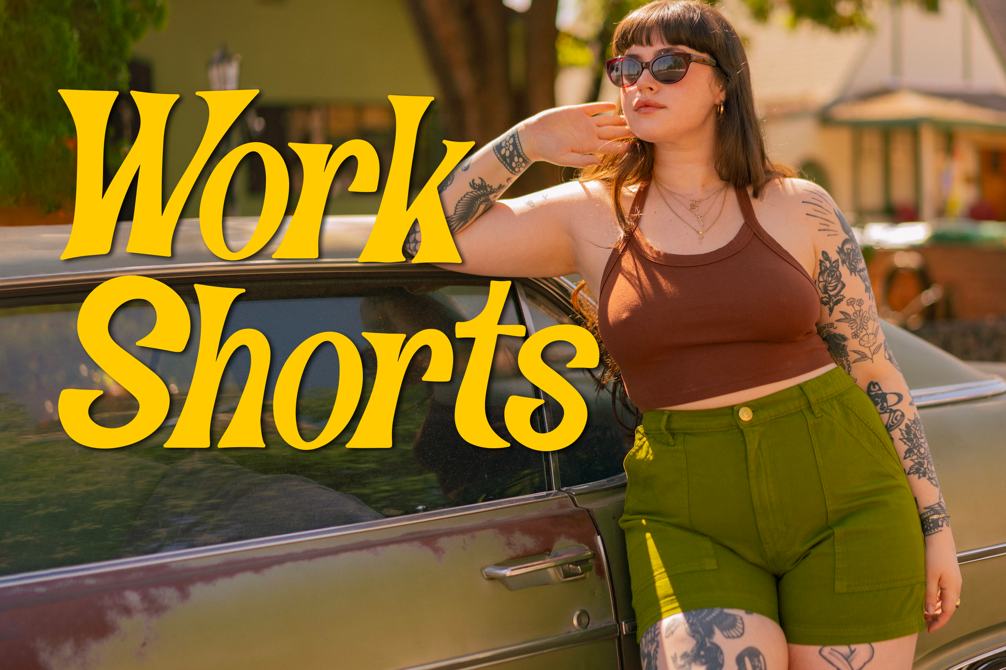 Sydney is wearing Work Shorts in Olive and Halter Top in Fudgesicle Brown